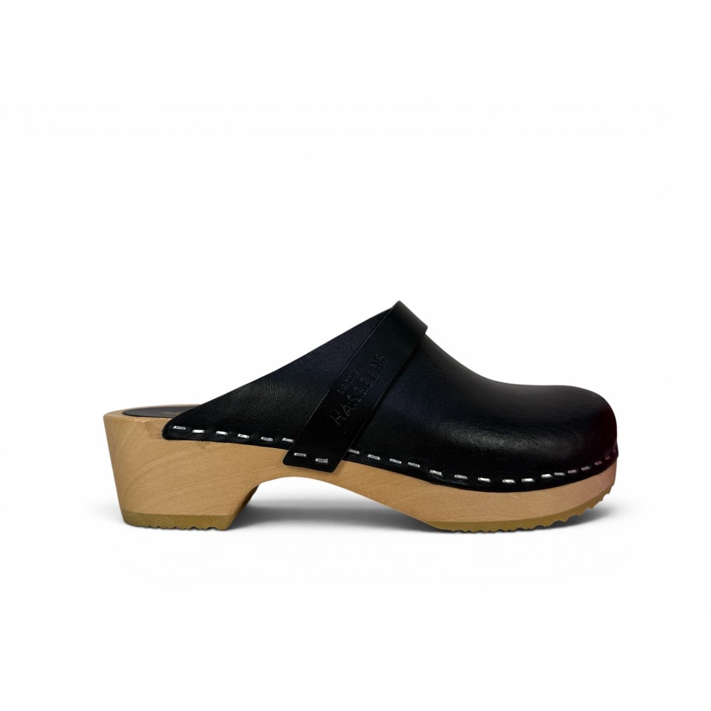 Swedish Hasbeens Husband Clogs Womens 6 EU 36 Black Leather Wood Sole Slip On